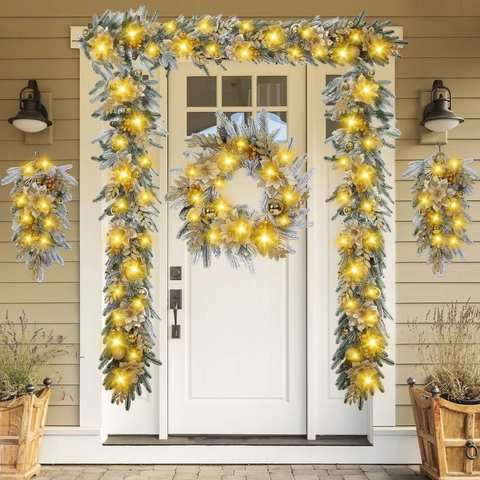 Ghirlanda Di Natale Fioccata Corona Swag Con Fiori Di Poinsettia Dorati Pigne Luci LED Calde Decorazione Per Porte E Finestre
