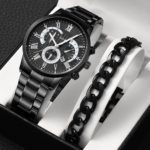 SOKI Set Orologio al Quarzo Business da Uomo Cinturino in Acciaio Inossidabile Numeri Romani Calendario Analogico Con Bracciale