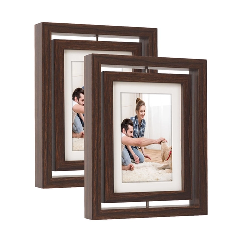 Cadre Photo Rotatif Double Face MDF Texture Bois Ornement De Bureau Pivotant Pour Mémoire Famille Animaux Support