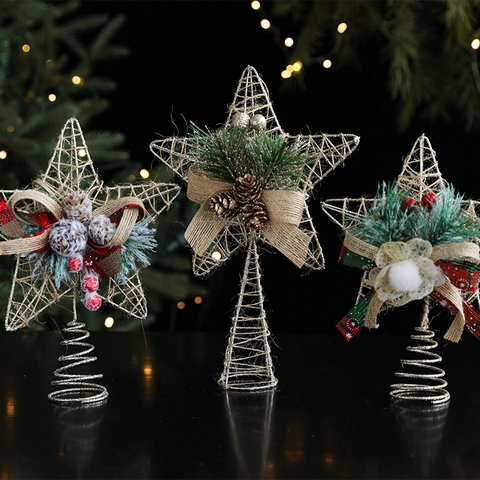 Estrella Para Copa De Árbol De Navidad Oro Hierro Metal Con Lazo De Arpillera Piñas Bayas Decoración Festiva De Árbol