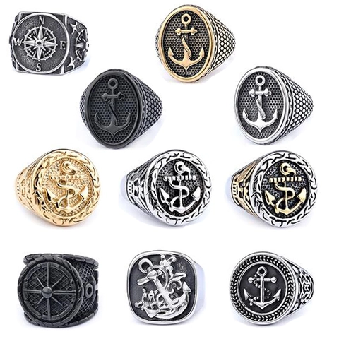 Men Vintage Anchor Compass Signet Ring 316L Stainless Steel Retro Viking Nautical Domineering Punk Rock Jewelry