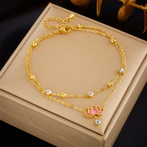 Layered Titanium Steel Anklet Pink Enamel Lotus Pendant Sparkling Rhinestone For Women Summer Beach Fashion Jewelry
