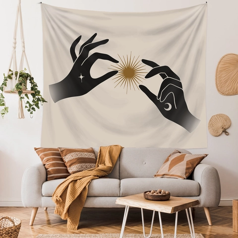 Tapiz De Pared Bohemio Poliéster Celestial Sol Luna Manos Místico Astrológico Decoración Habitación Dormitorio Sala De Estar