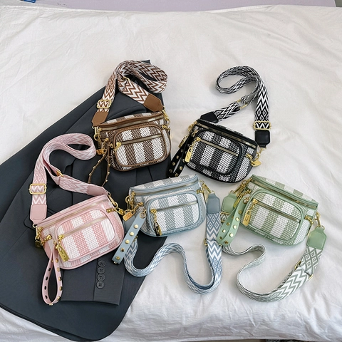 Retro Schachbrett Umhängetasche PU Leder Mehrlagig Reißverschluss Brusttasche Mit Breitem Geometrischem Muster Gurt Damen