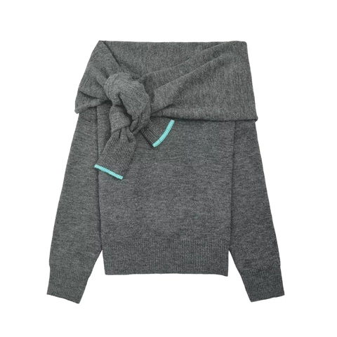 Off Shoulder Knit Top Women Elegant Long Sleeve Sweater With Knot Front And Contrast Edge Grey Solid Knitwear