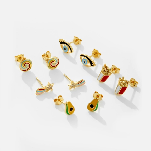 Pendientes De Botón De Plata De Ley 925 Esmalte Dibujos Animados Comida Mal De Ojo Aguacate Joyería Para Mujeres