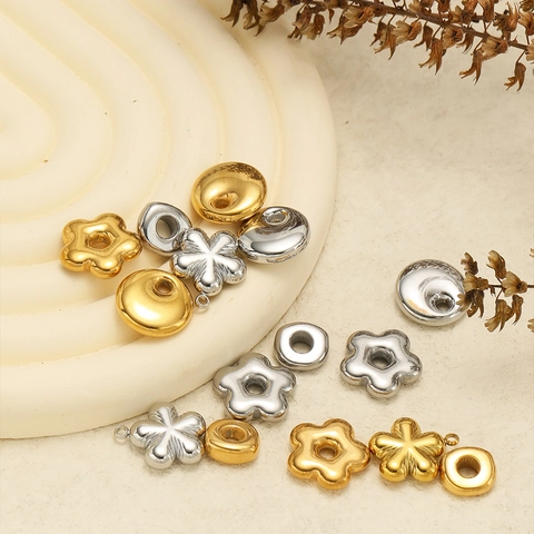 Stainless Steel Flower Round Disc Hexagon Charms Beads For DIY Necklace Bracelet Earring Jewelry Making Accessories