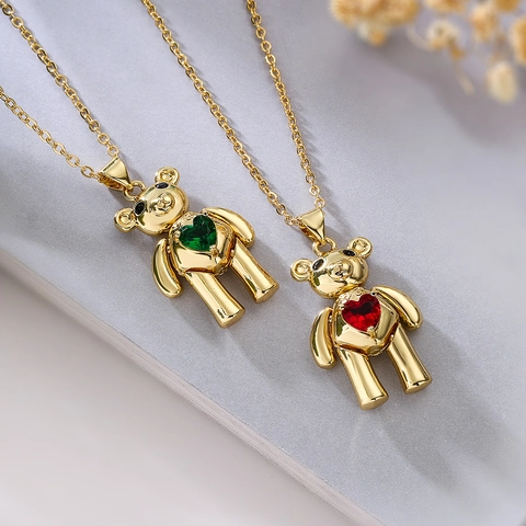 Lindo Collar Con Colgante De Oso De Peluche De Cobre Chapado En Oro Con Circonita De Corazón Joyería De Moda Para Mujer