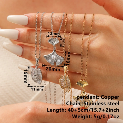 Elegant Leaf Pendant Necklace With Stainless Steel Chain Copper Zircon And Faux Artificial Pearl Sparkling Jewelry For Women