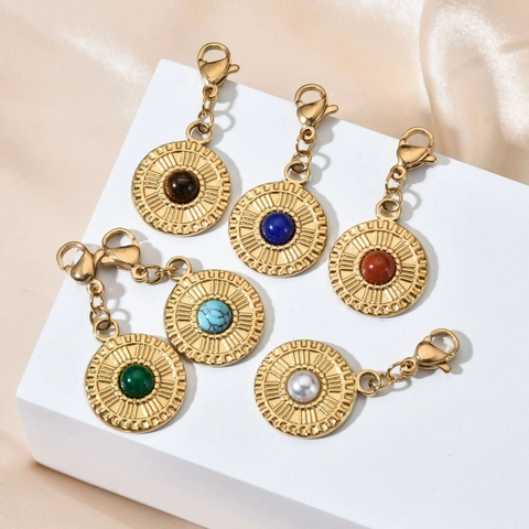Collana In Acciaio Inossidabile Vintage Da Donna Pendente Intarsiato In Pietra Naturale Geometrica Texture Raggi Di Sole