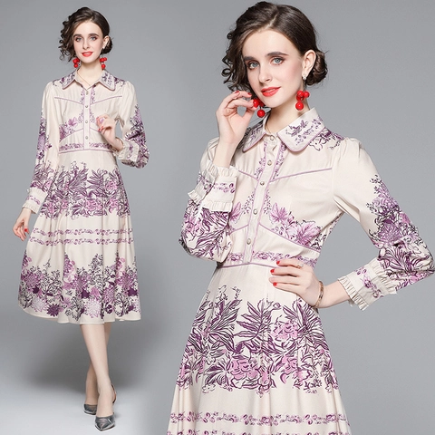 Abito Midi Elegante Da Donna Con Stampa Floreale Manica Lunga Revers Abbottonato Vita Alta Linea A Stile Palazzo Retrò Poliestere