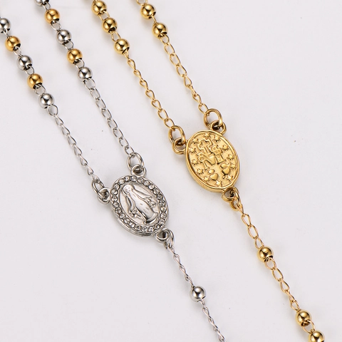 Collar De Rosario De Acero Inoxidable 304 Con Medalla De La Virgen María Y Colgante De Cruz Joyería Religiosa Para Hombre