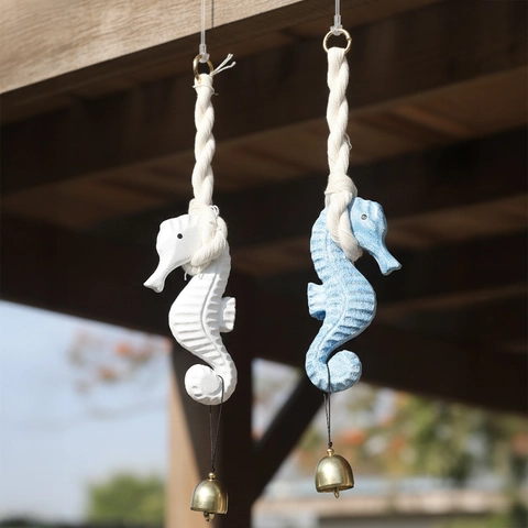 Carillon Éolien Hippocampe Décoration Suspendue Bois Méditerranéen Nautique Décoration Murale Avec Corde En Coton Et Cloche En Métal
