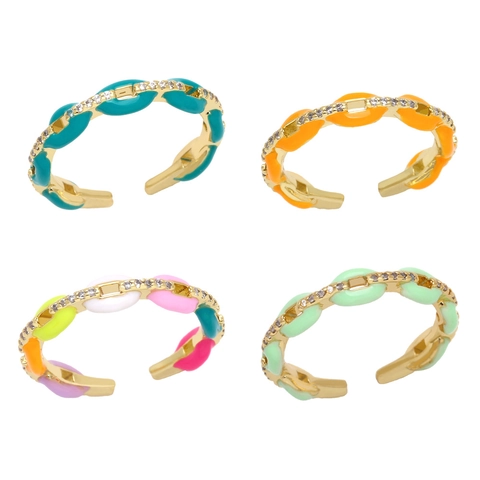 Fashion Open Ring Gold Plated Copper Colorful Enamel Adjustable Zircon Inlaid Chain Link Hollow Finger Jewelry For Women