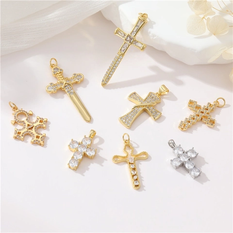 Vintage Cross Pendant Charm For Jewelry Making Copper 14K Gold Plated Zircon Inlaid Religious Gothic Style For Women Men