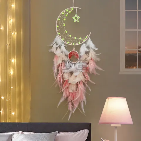 Moon Dream Catcher With Tree Of Life Pendant And Feathers Luminous Glow In The Dark Handmade Boho Wall Hanging Home Decor