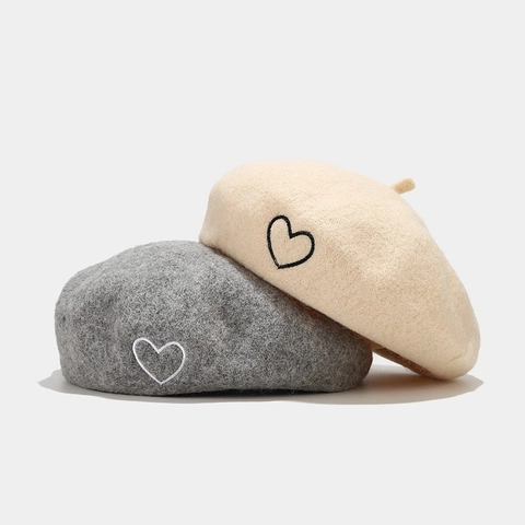 Women Wool Beret Hat With Heart Embroidery French Style Retro Painter Cap Warm Autumn Winter Elegant Accessories Chic