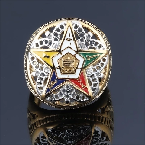 Eastern Star OES Ring Stainless Steel Colorful Enamel Pentagram Masonic Jewelry Vintage Hollow Out Design Signet Ring