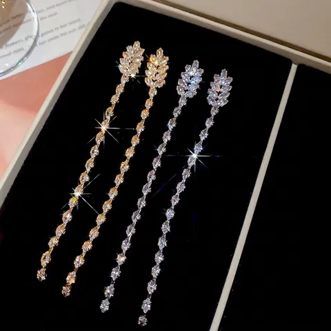 Leaf Tassel Drop Earrings With 925 Sterling Silver Earring Post Zircon 18K Gold Plated Elegant Jewelry For Women