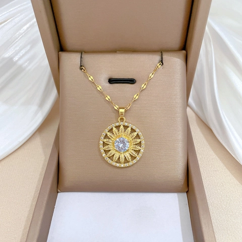 Gouden Zonnebloem Zon Gezicht Hanger Ketting Roestvrij Stalen Ketting Koper Zirkonia Micro Geplaveid Elegante Sieraden Vrouwen