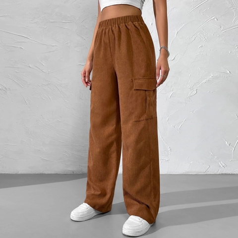 Damen Cordhose Cargo Pants Hohe Taille Elastischer Bund Weites Bein Gerade Hose Mit Seitentaschen Lässig Locker Retro