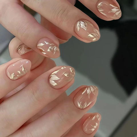 Uñas Postizas Press On Con Hojas De Bambú Doradas 3D Diseño Almendra Rosa Nude Estilo Chino Puntas De Uñas ABS Mujer