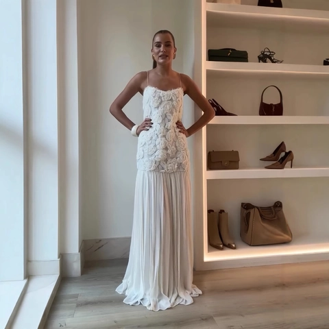 Damen 3D Rosen Applikation Spaghetti Träger Kleid Plissee Ärmellos Elegant Abendparty Maxi Kleider