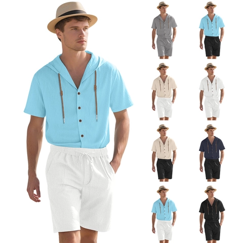 Ensemble Chemise À Capuche Manches Courtes Et Short Homme Mélange Lin Polyester Respirant Décontracté Été Plage Vacances