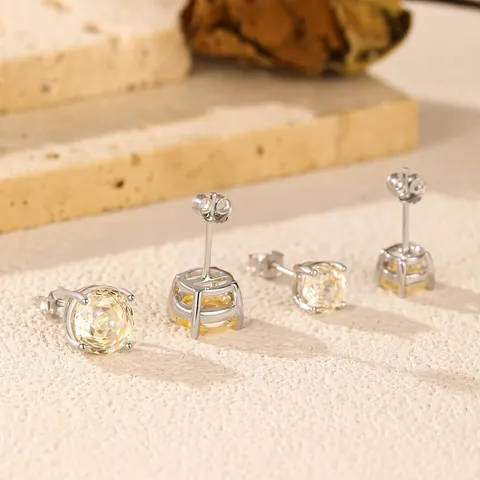 Pendientes De Botón Con Zirconia Amarilla Y Poste De Plata De Ley 925 Joyería Minimalista Con Cuatro Garras Mujer
