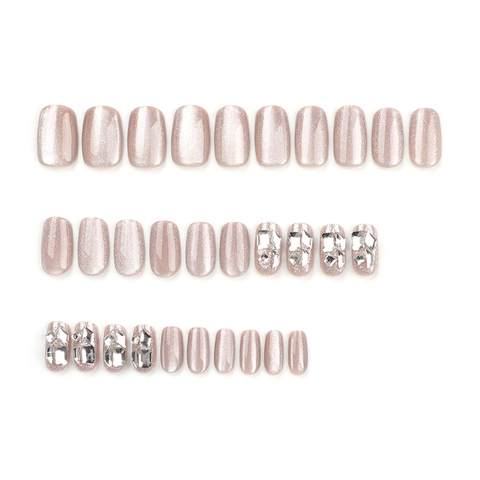 Cat Eye Press On Nägel Glänzend Straßstein Glitzer Eckig Rund Künstliche Nägel Elegant Nude Braun Maniküre Für Frauen
