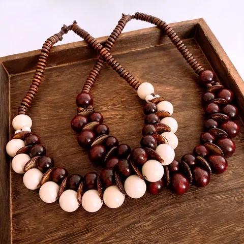 Vintage Ethnische Halskette Holzperlen Kokosnussschale Rund Klobig Boho Handgereiht Schmuck Für Damen