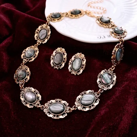 Collier Et Boucles D'oreilles Vintage Incrustation Résine Ovale Bijoux Avec Tige En Argent Pour Femme Style Palais Rétro