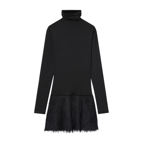 Women Elegant High Neck Long Sleeve Mini Dress Fringe Feather Patchwork Solid Color Autumn Fashion Bodycon Dress