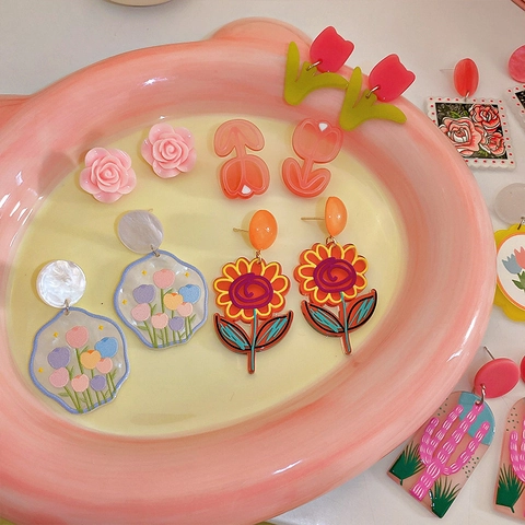 Pendientes De Flores De Colores Con Poste De Plata Acrílico Geométrico Tulipán Rosa Estilo Dulce Fresco Para Mujeres