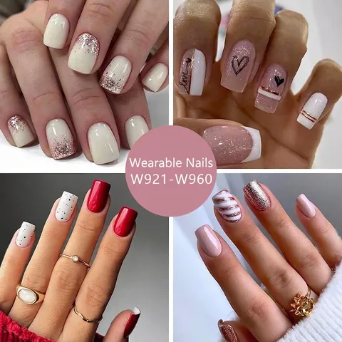 Press On Nails Almond Stiletto Square False Nails Resin Glue On Fingernails Glitter French Tip Manicure For Women
