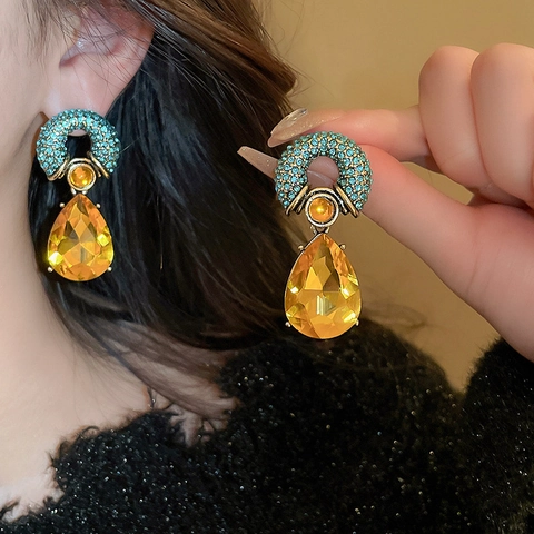Orecchini Pendenti Vintage Donne Colore Contrasto Strass Cristallo Lega Con Perno In Argento