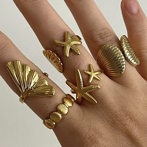 Bagues Ouvertes En Acier Inoxydable Pour Femmes Thème Océan Étoile De Mer Coquille Plaquées Or Bijoux Réglables