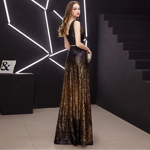 Women Sequin Evening Dress Ombre Gradient V Neck Sleeveless Floor Length Gown Elegant Party Prom Gala With Waist Belt
