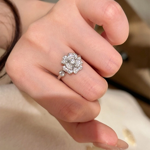 Anello Aperto Fiore Camelia Rame Zirconia Cubica Pavimentata Regolabile Elegante Gioielli Di Moda Lusso Per Donne Regalo
