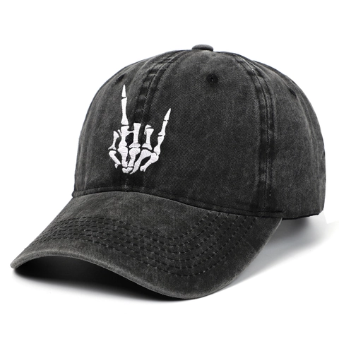 Washed Cotton Baseball Cap With Bone Hand Gesture Embroidery Distressed Adjustable Snapback Hat For Men Women Outdoor Sun Cap