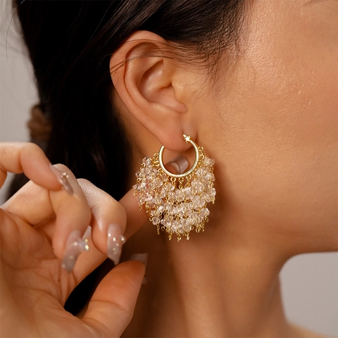 18K Gold Plated Copper Hoop Earrings With Synthetic Crystal Cluster Fringe Star Detail Silver Earring Post For Women