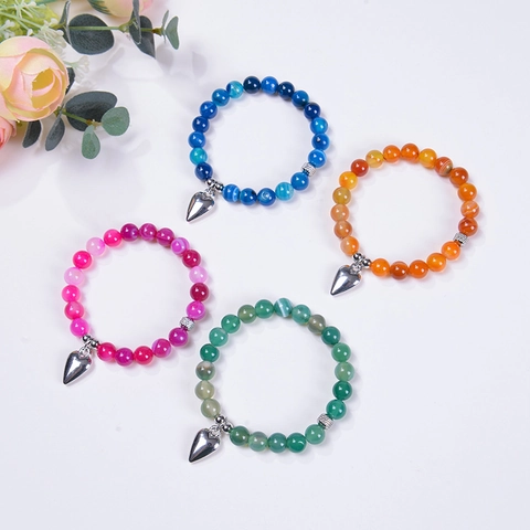 Natural Stone Agate Beaded Bracelet With Metal Heart Pendant Healing Crystal Stress Relief Jewelry Gift With Message Card