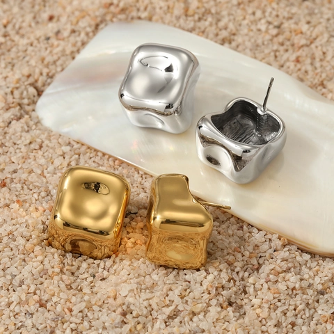 Boucles D'oreilles Cubes Irrégulières Acier Inoxydable Géométrique Texture Métal Liquide Bijoux Sculpturaux Pour Femmes