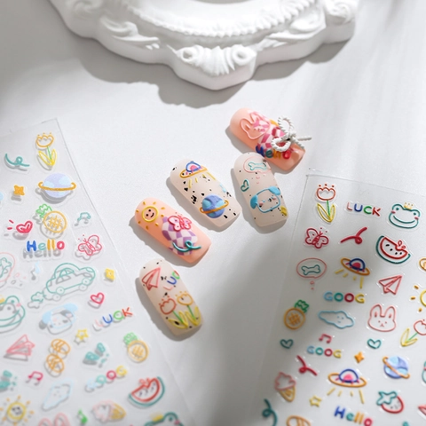5D Embossed Nail Art Stickers Cartoon Doodle Animals Fruit Space Adhesive 3D Textured DIY Manicure Decoration Women Girls