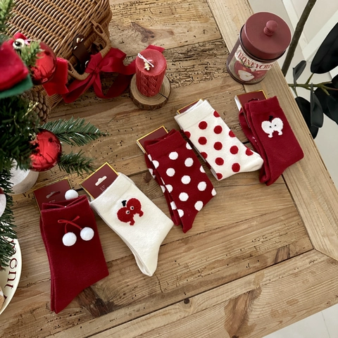 Women Christmas Mid Calf Socks Acrylic Knit Festive Red White Polka Dot Apple Heart Bow Pompom Winter Warm
