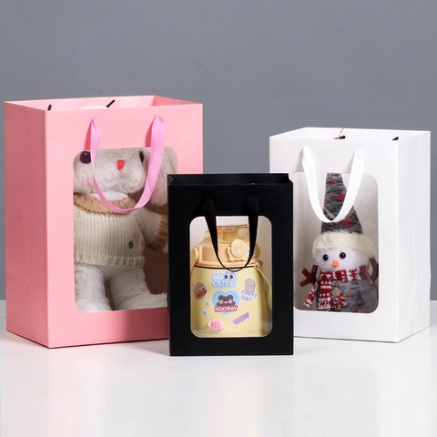 Paper Gift Bag With Clear Window And Handle For Flower Packaging Souvenir Wedding Birthday Party Stationery Wrapping