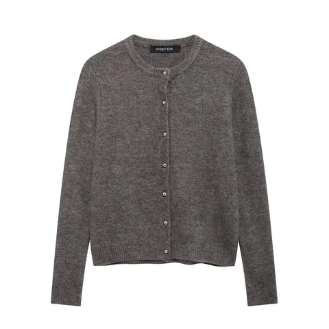 Women Round Neck Knit Cardigan Acrylic Polyester Blend Long Sleeve Silver Metal Button Elegant Solid Color Sweater