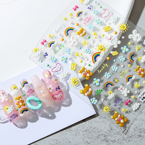 Autocollants Art Des Ongles Relief 3D Gaufré Dessin Animé Ours Lapin Motifs Fête D'anniversaire Auto-Adhésif Décoration Manucure