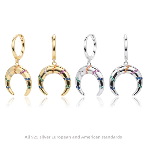 Pendientes de Aro con Colgante de Luna Creciente en Plata de Ley 925 y Circonia Arcoíris Joyería de Moda para Mujer