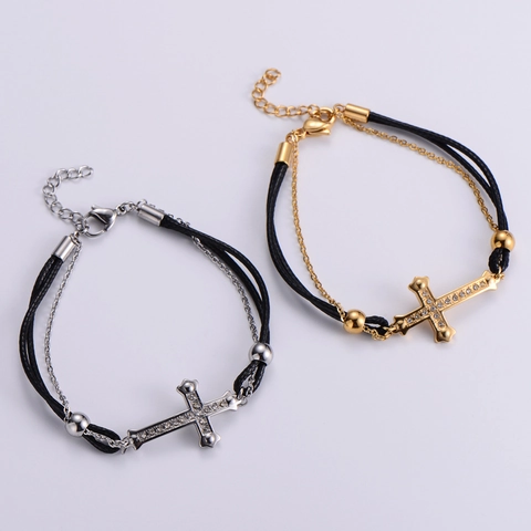 Double Layer Cross Bracelet 316L Stainless Steel 18K Gold Plated Cubic Zirconia Braided Rope Adjustable Jewelry For Women Men